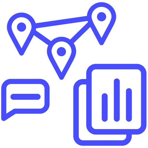 Blaue Strichgrafik mit Standort-Symbol, Sprechblase und Diagramm symbolisiert SCM & 3PL Steuerung