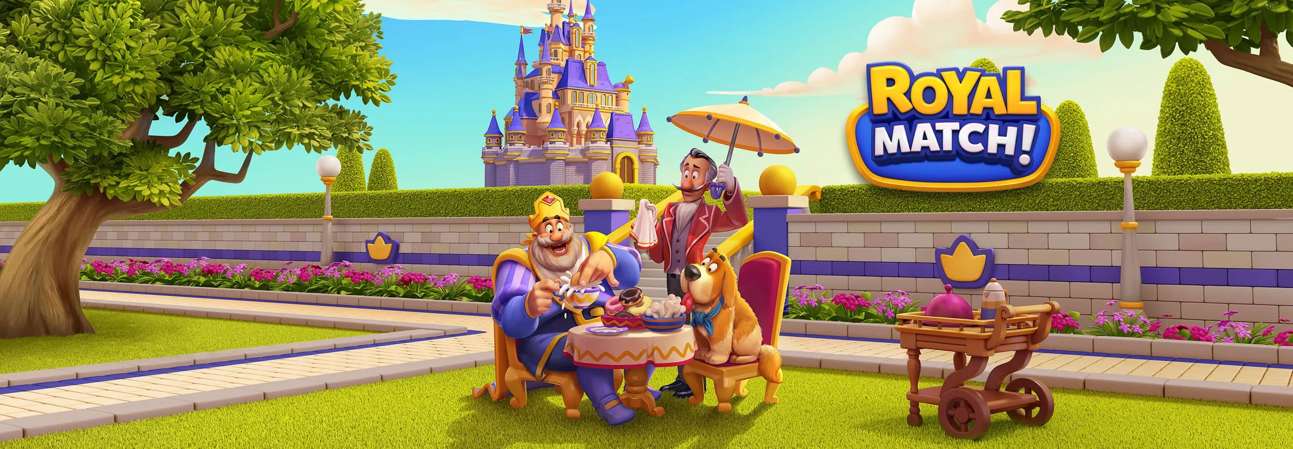 King Robert, Winston and Duke outside the Royal Match castle next to the Royal Match logo