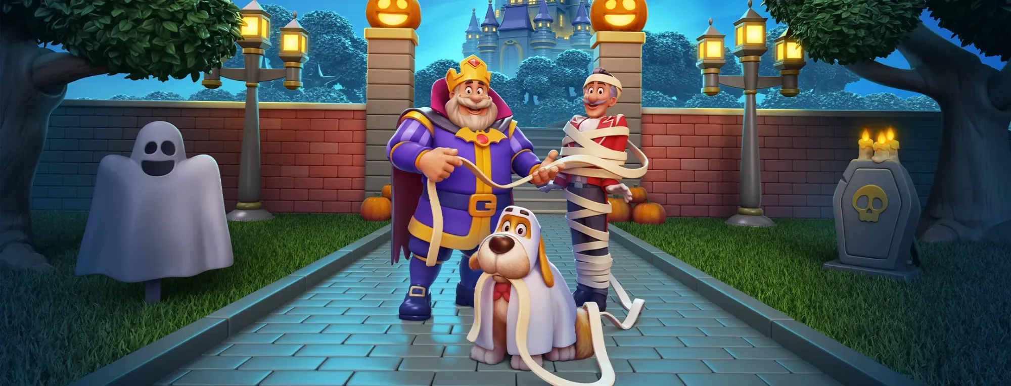 King Robert, Winston and Duke dressed for a Halloween event outside Royal Match's castle