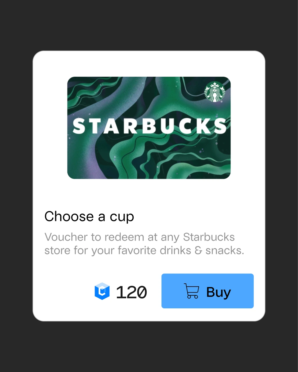 Uniplay Reward UI card with Starbucks gift card with abstract green design, option to buy for 120 credits.