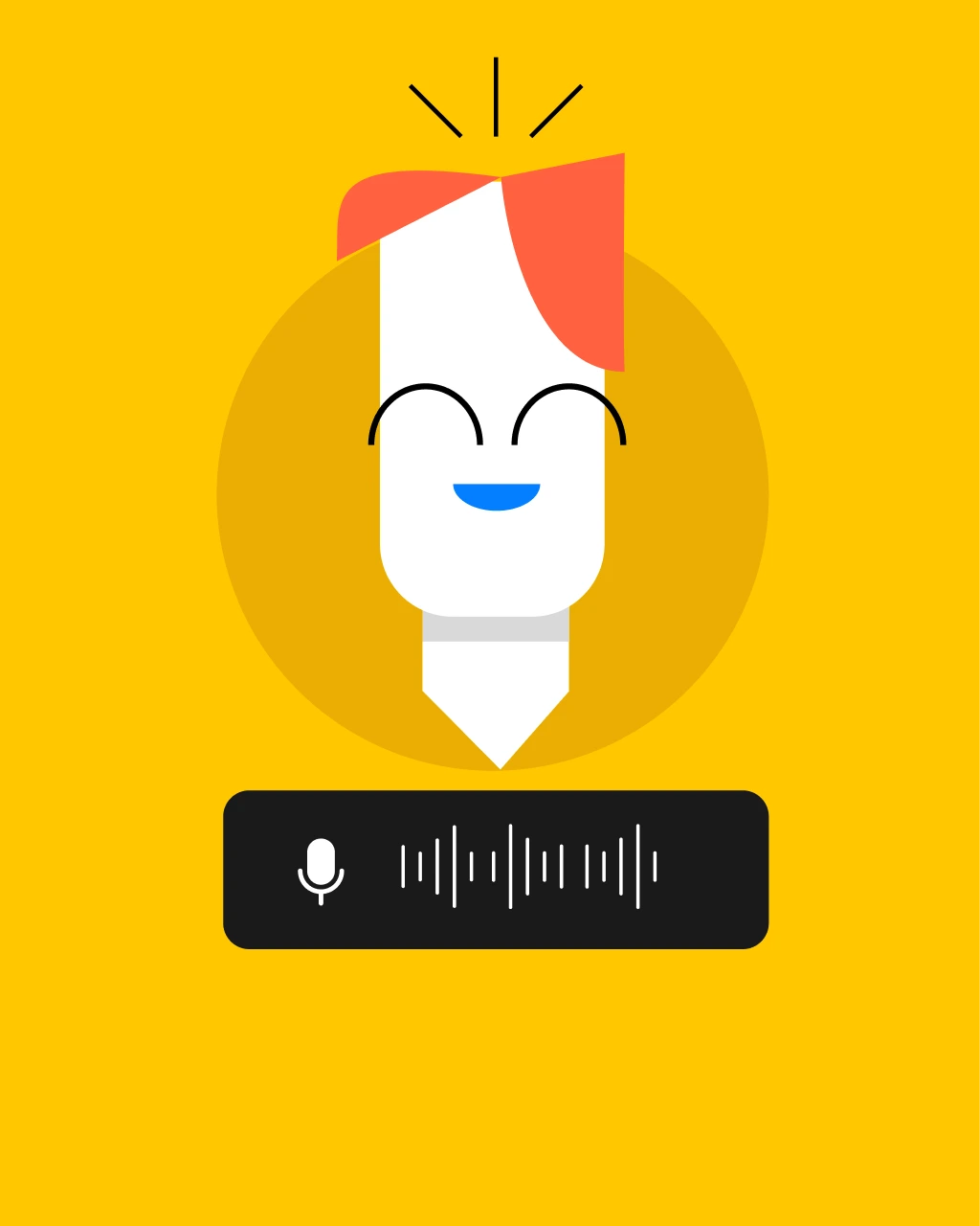 Smiling stylized white pencil with red hair and a blue mouth on a yellow background with a voice recording bar below.