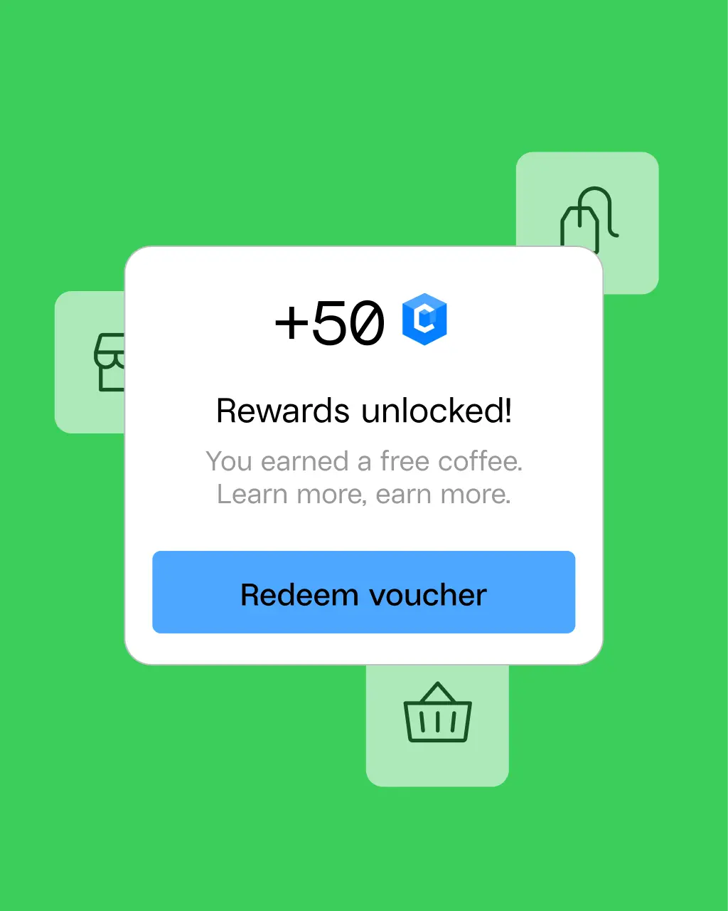 Uniplay Rewards notification showing +50 points earned with message 'Rewards unlocked! You earned a free coffee. Learn more, earn more.' and a blue 'Redeem voucher' button on a green background.