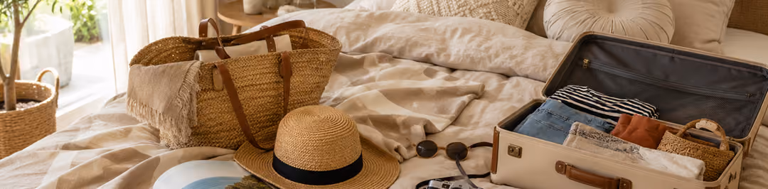 Sfeervolle slaapkamer met vakantie-items op bed, passend bij de keuze tussen vakantie of investeren in slaapcomfort.