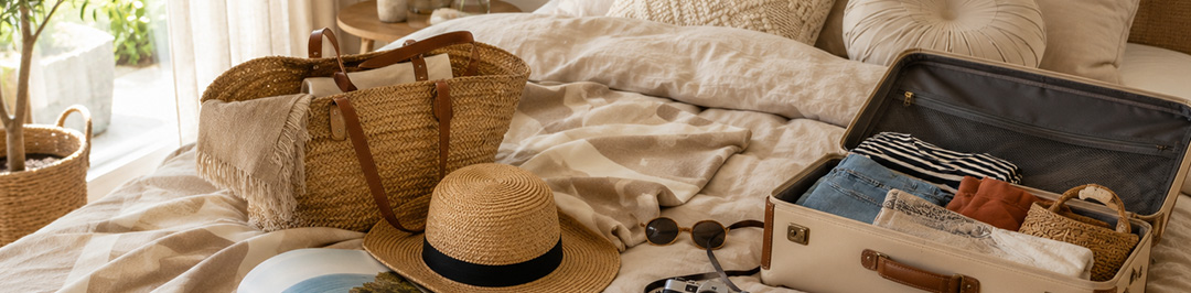 Sfeervolle slaapkamer met vakantie-items op bed, passend bij de keuze tussen vakantie of investeren in slaapcomfort.