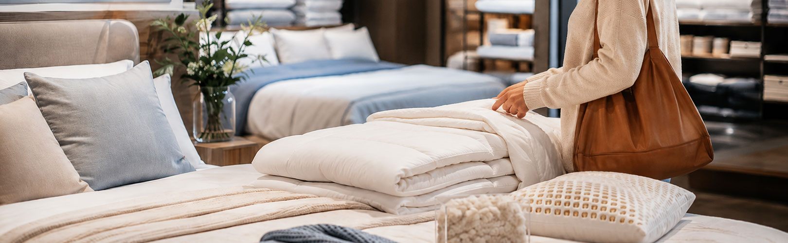 klant voelt aan dekbed in winkel