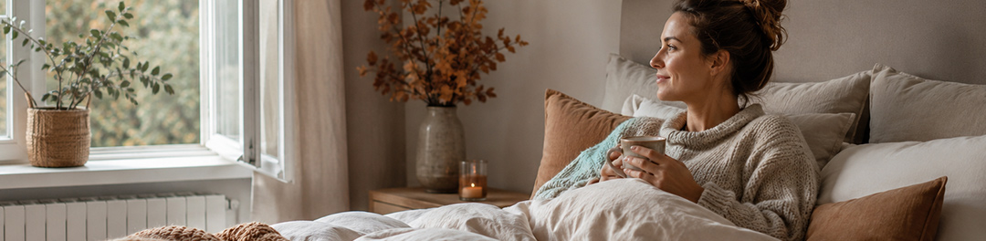 vrouw ligt in bed met een herfstige achtergrond