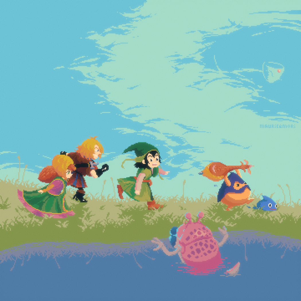 Cover of Dragon Quest Guitar Collection 5 by mauricemori. It's a pixel artwork featuring the Estard trio from Dragon Quest 7, chasing after a Hammer Hood who's holding the Torban of Truth on a grass field.