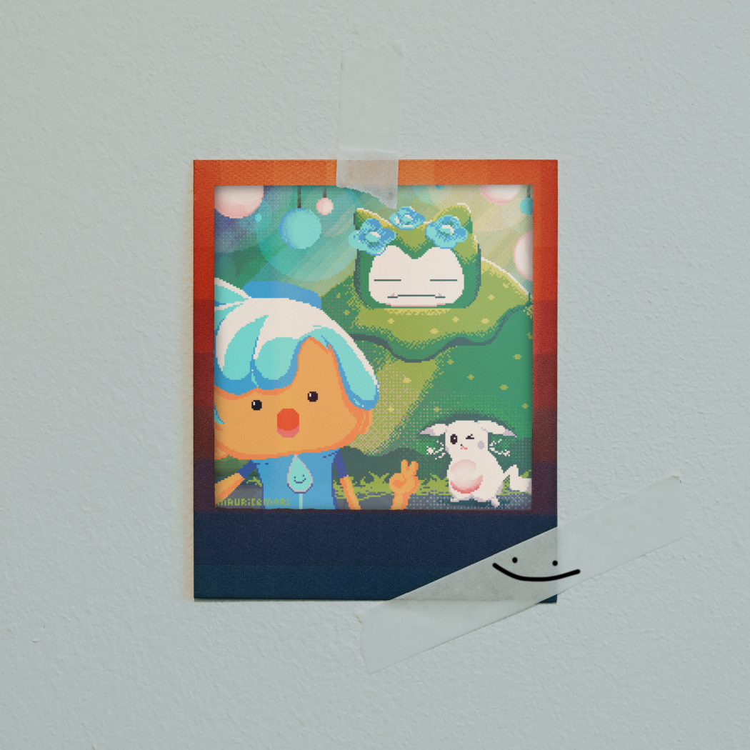 Cover of my Pokopia EP. It's a ditto in human form taking a selfie with Moss snorlax and Peakychu.