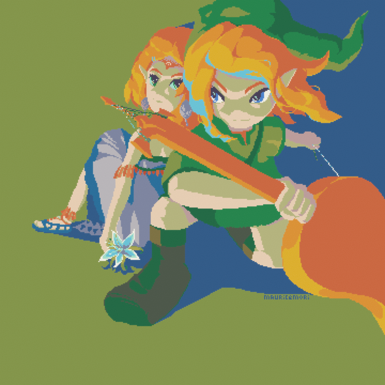 Cover of The Legend of Zelda: Guitar Collection 2. It's Link holding a guitar and crouching in front of a calm Zelda who's sitting with her back against Link.