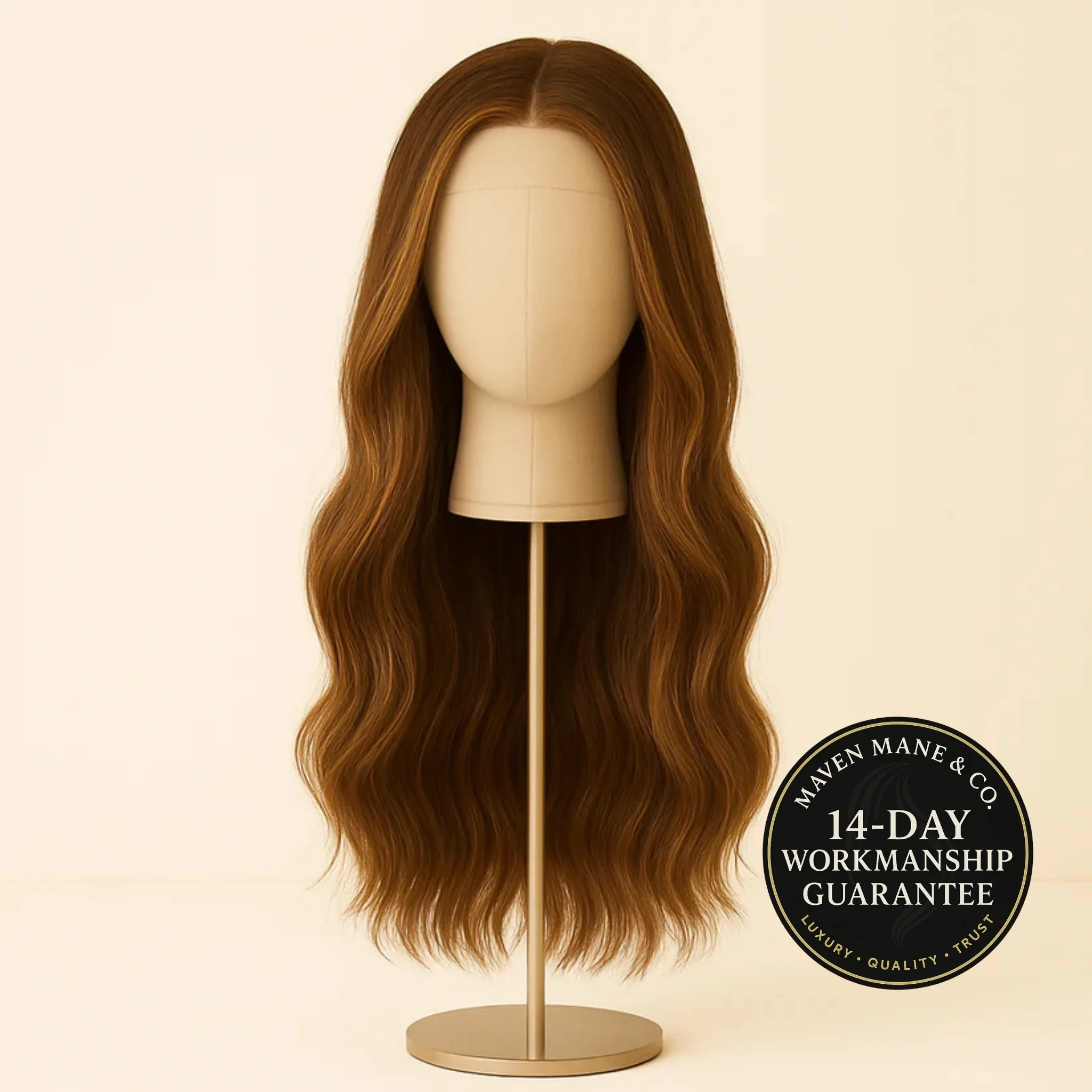Long wavy brown hair wig displayed on a beige mannequin head with a 14-day workmanship guarantee badge.