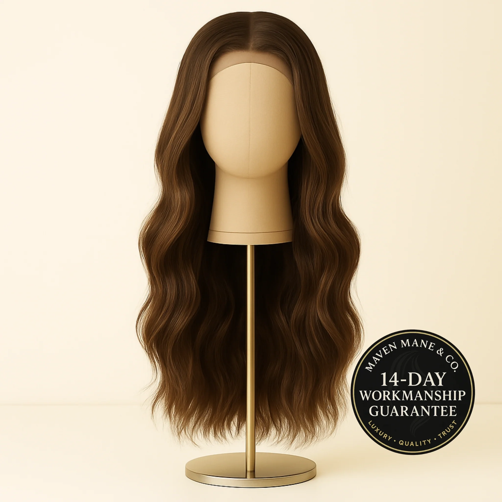 Long, wavy brown wig displayed on a beige mannequin head with a gold stand and a black badge stating 14-day workmanship guarantee.
