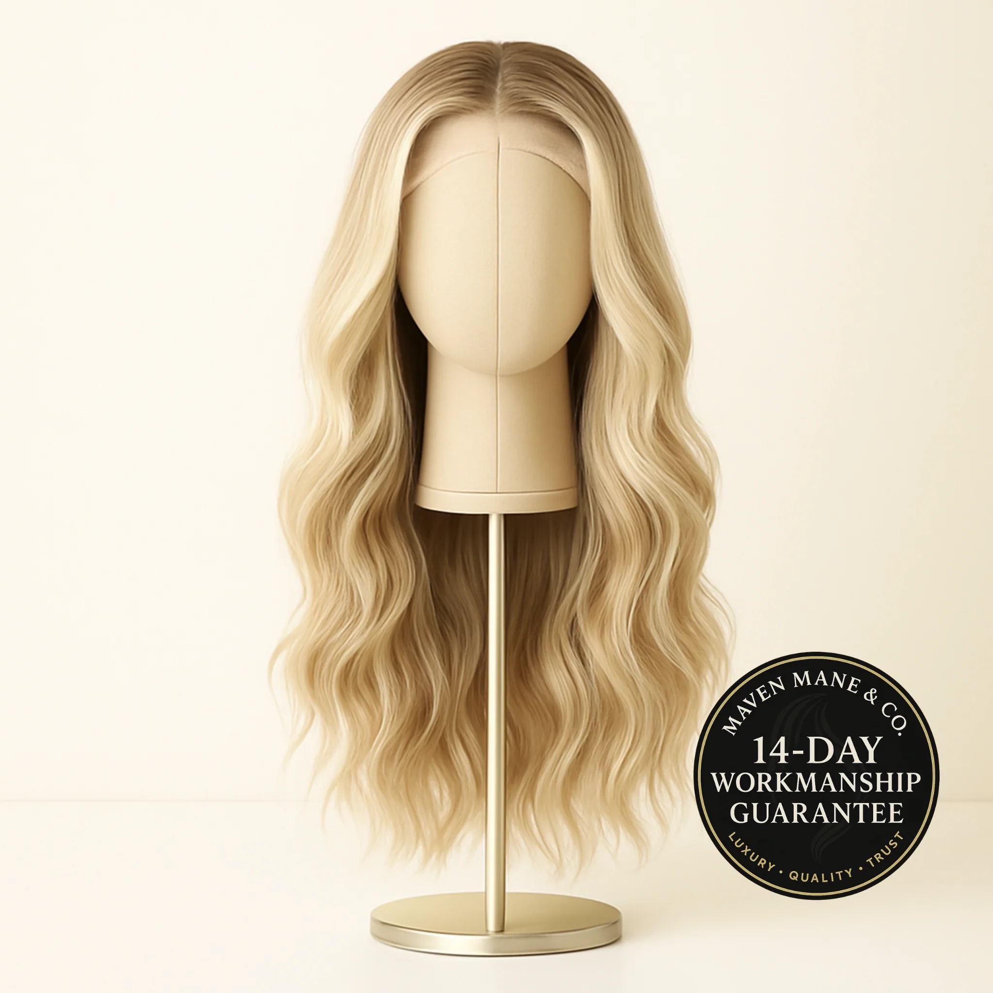 Long wavy blonde wig displayed on a faceless mannequin head with a 14-day workmanship guarantee badge.