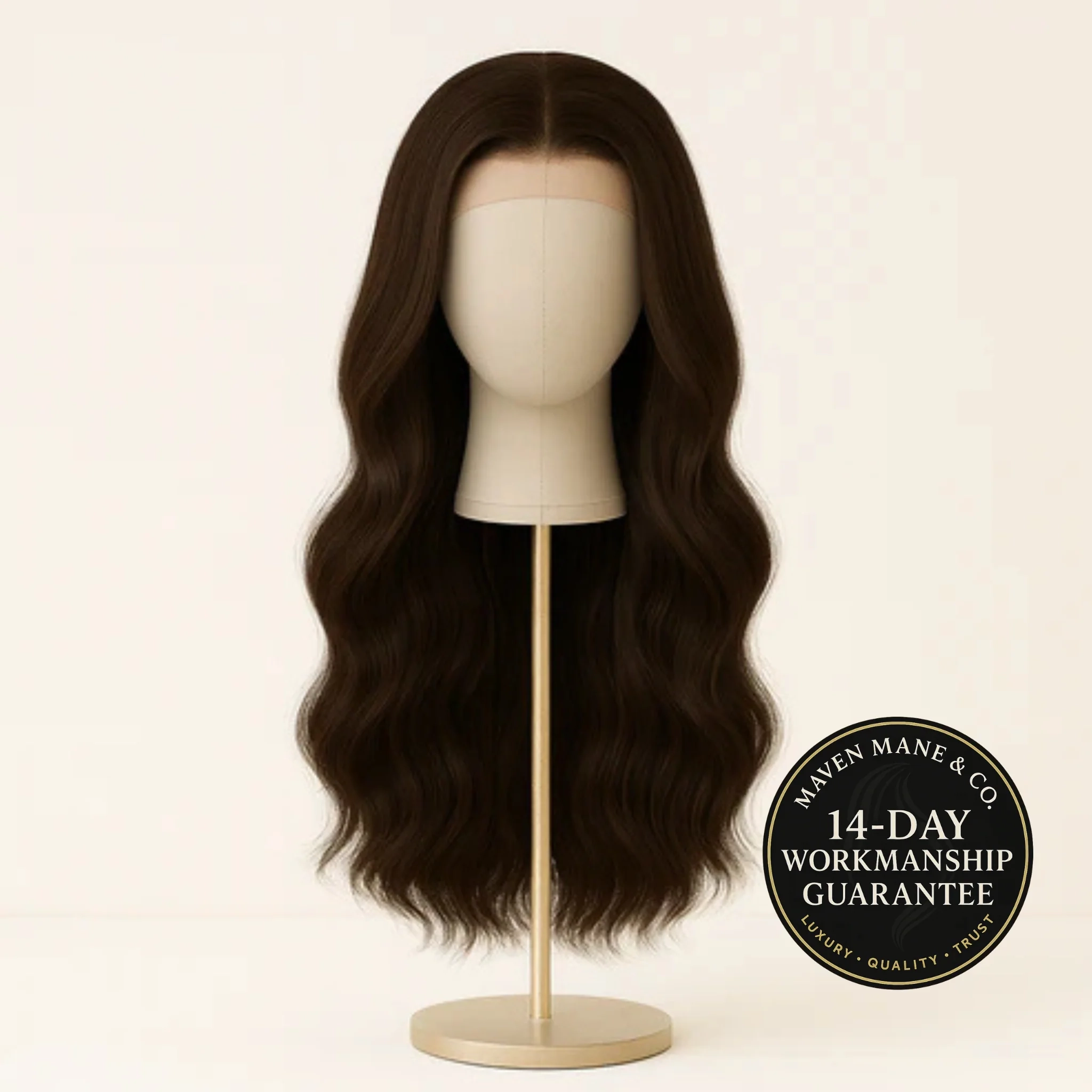 Long dark brown wavy hair wig displayed on a beige mannequin head with a gold stand and a 14-day workmanship guarantee badge.