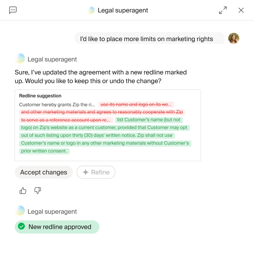 Chat interface showing legal agent updating a contract with redline edits and approval of new marketing limits.