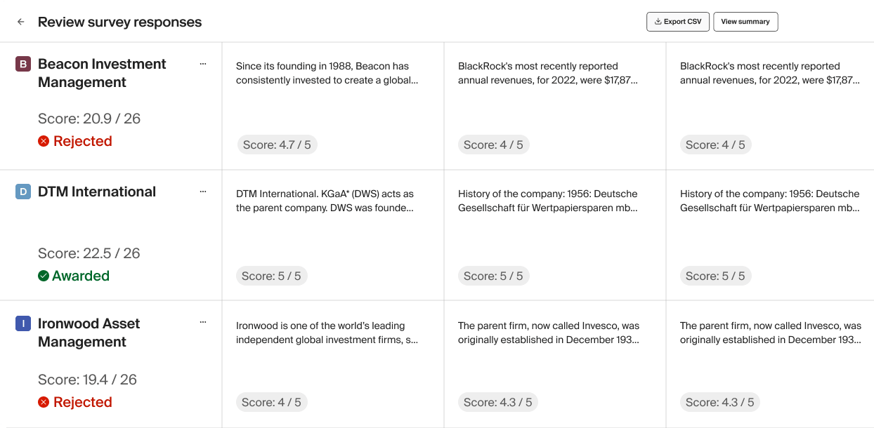 Table showing survey responses for three investment firms with scores and status: rejected or awarded.