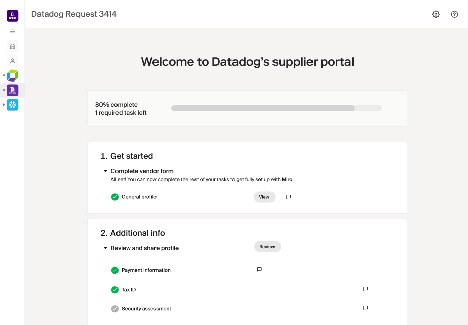 Datadog supplier portal screen showing 80% task completion with sections for vendor form and additional info.