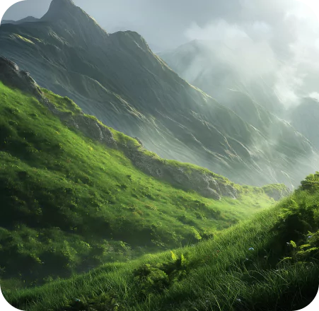 a painting of a green mountain landscape