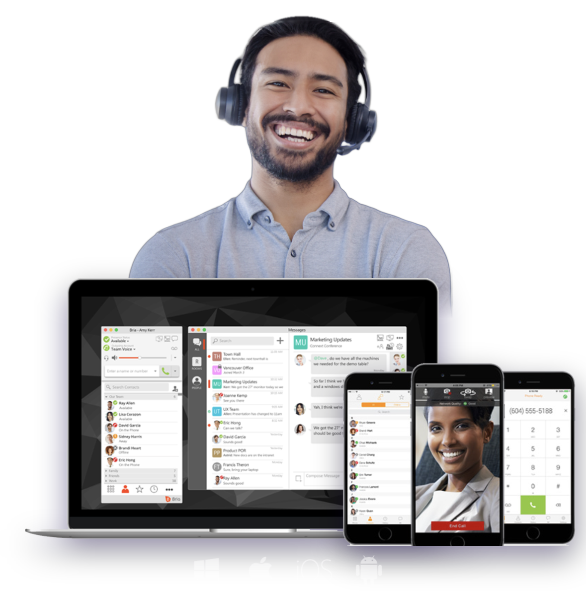 Bria softphone running on a laptop and smartphones for Windows, Mac, iOS and Android