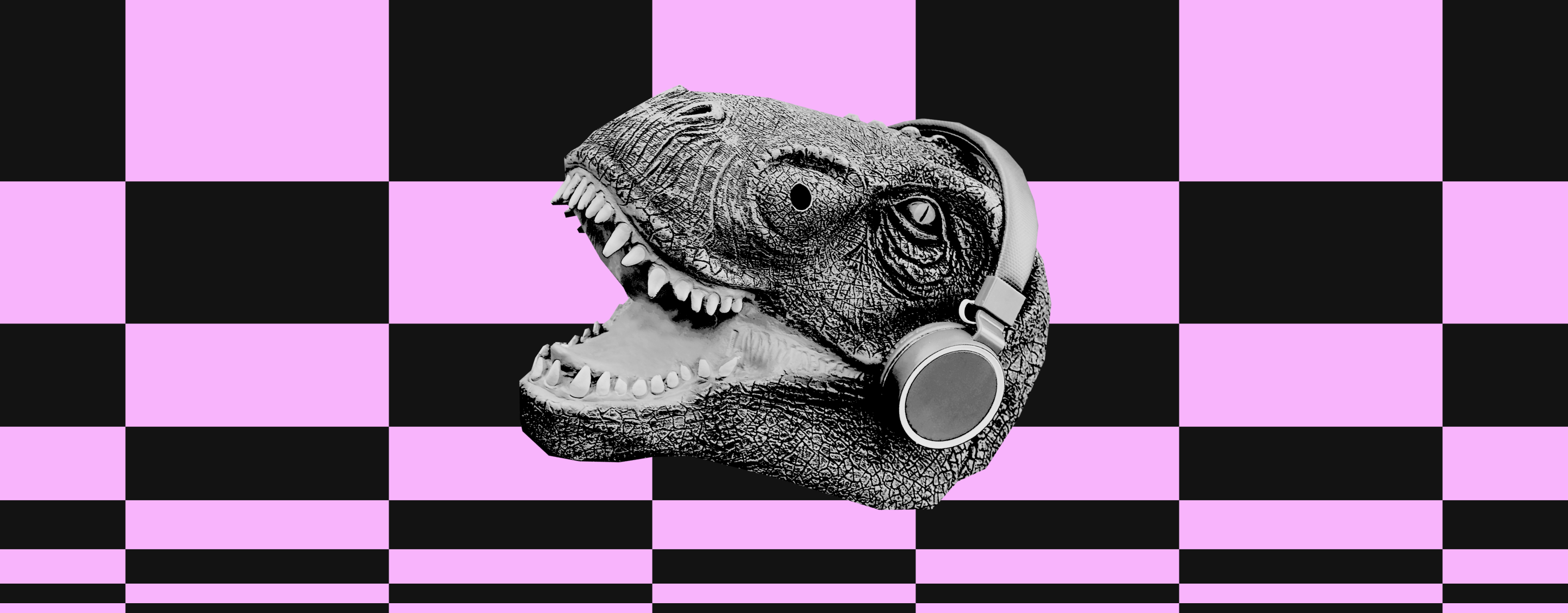 a black and white cut-out image of a dinasour head with headphones on a pink and black checkered pattern