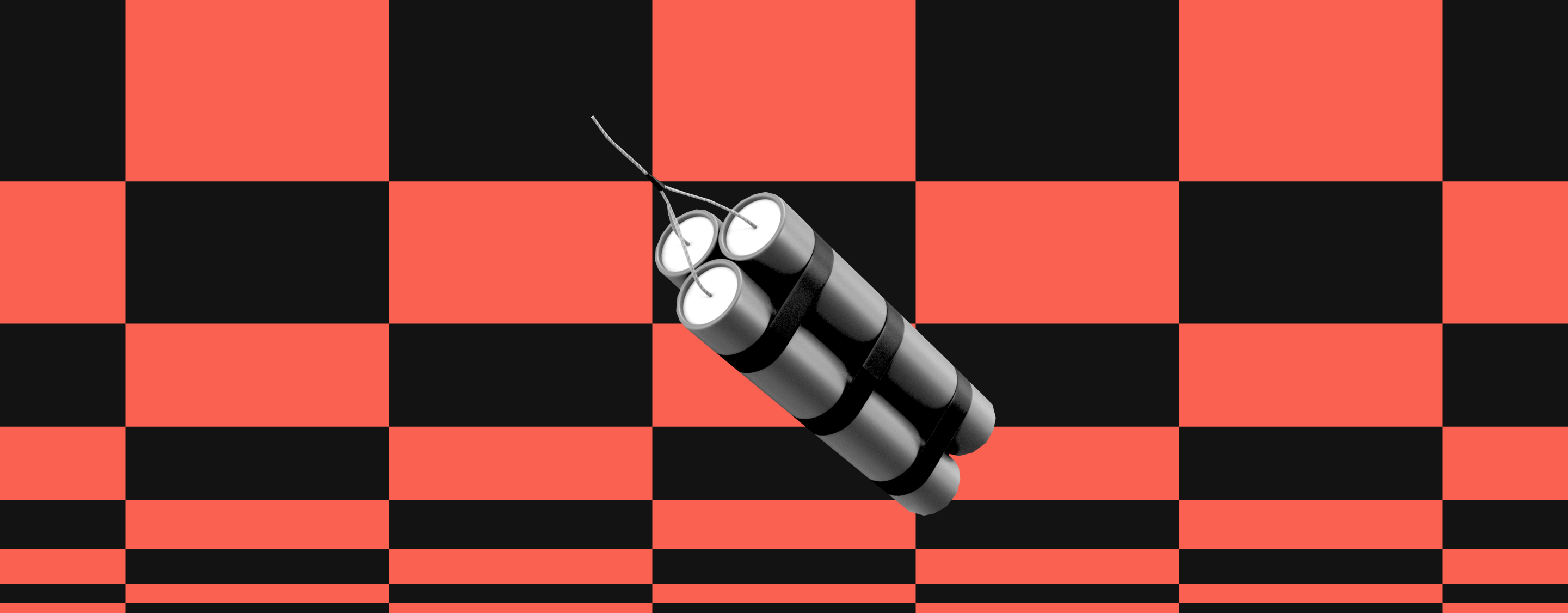 a black and white cut-out image of a dynamite bomb on a red and black checkered pattern