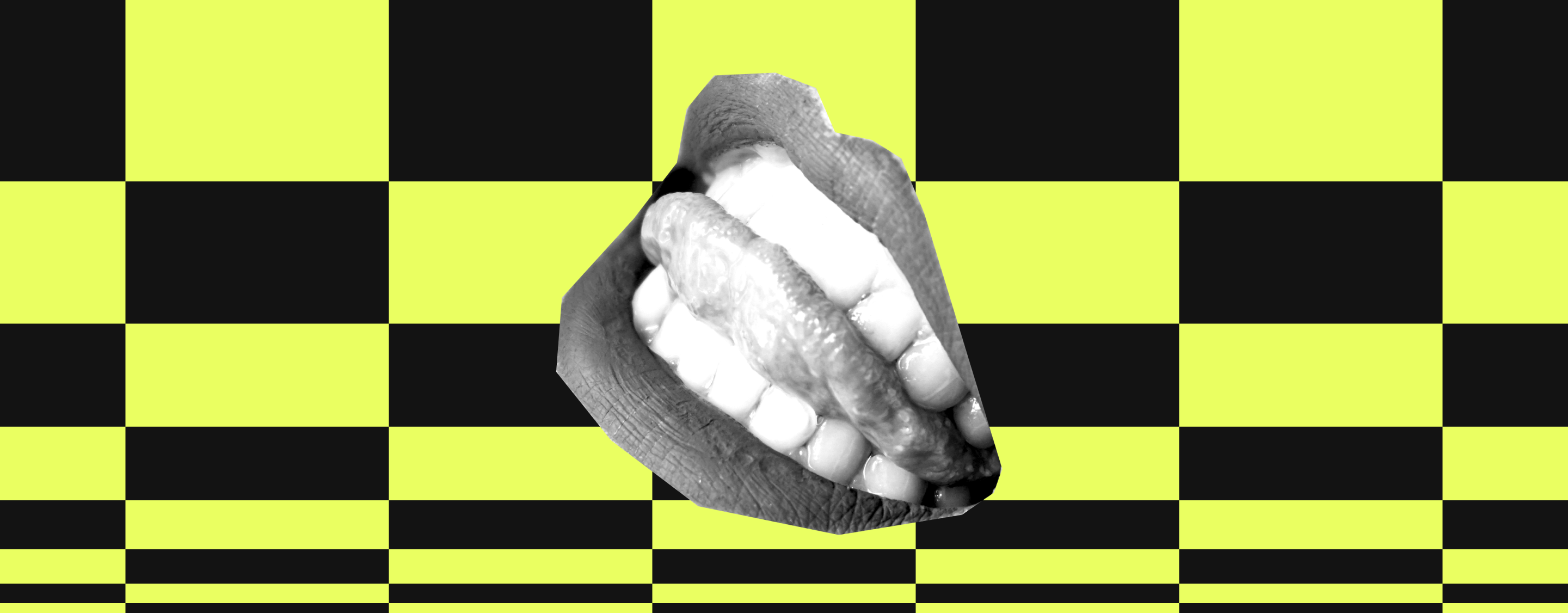 a black and white cut-out image of an open mouth showing teeth biting down on the tongue on a yellow and black checkered pattern