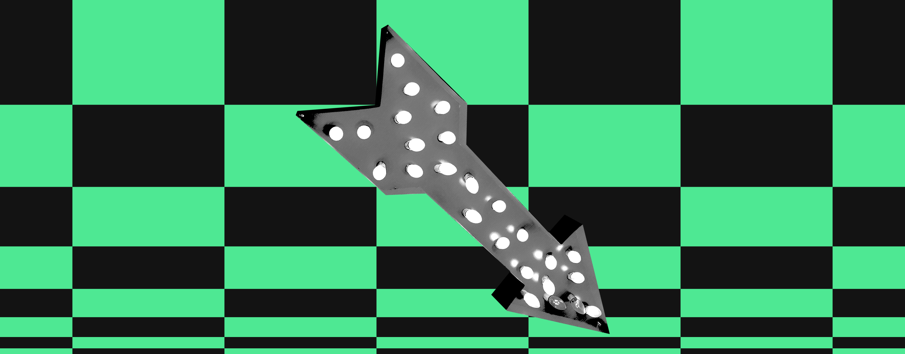 a black and white cut-out image of aarrow sign with light bulbs all over it on a green and black checkered pattern