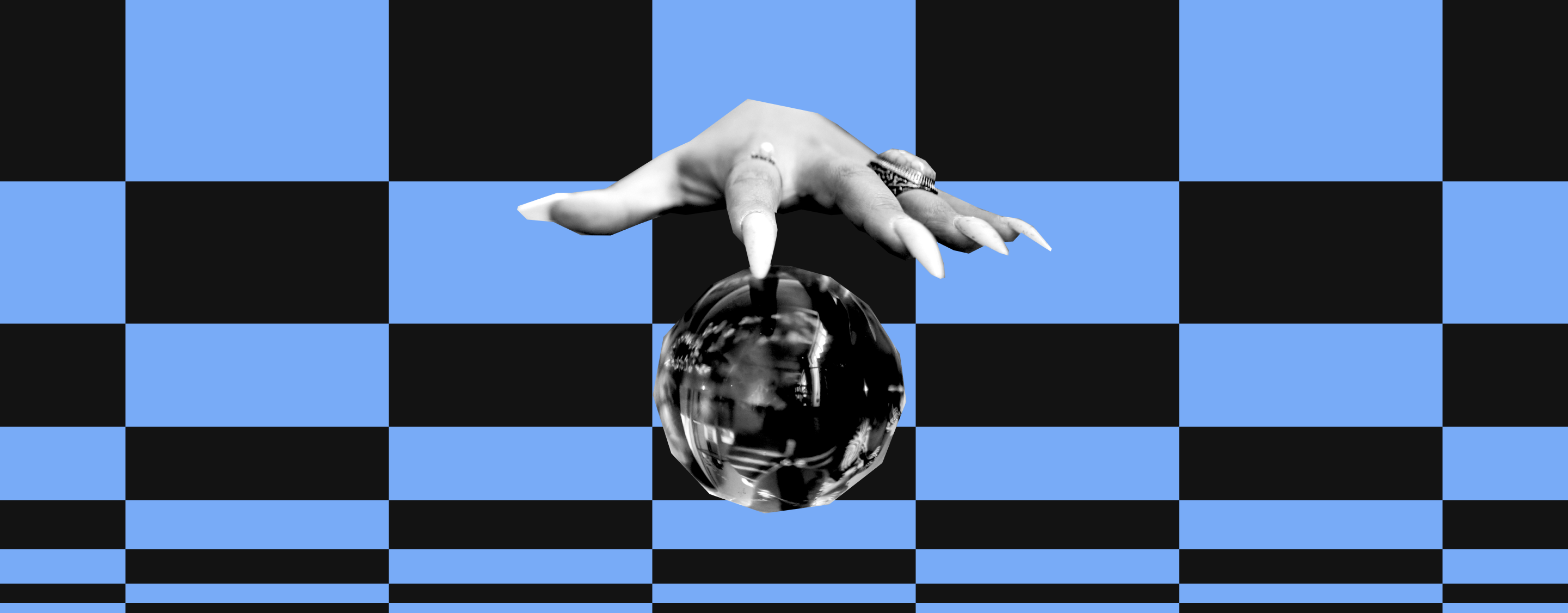 a black and white cut-out image of a feminine hand with long nails and big ring hovering over a cut-out image of a crystal ball, on a blue and black checkered pattern