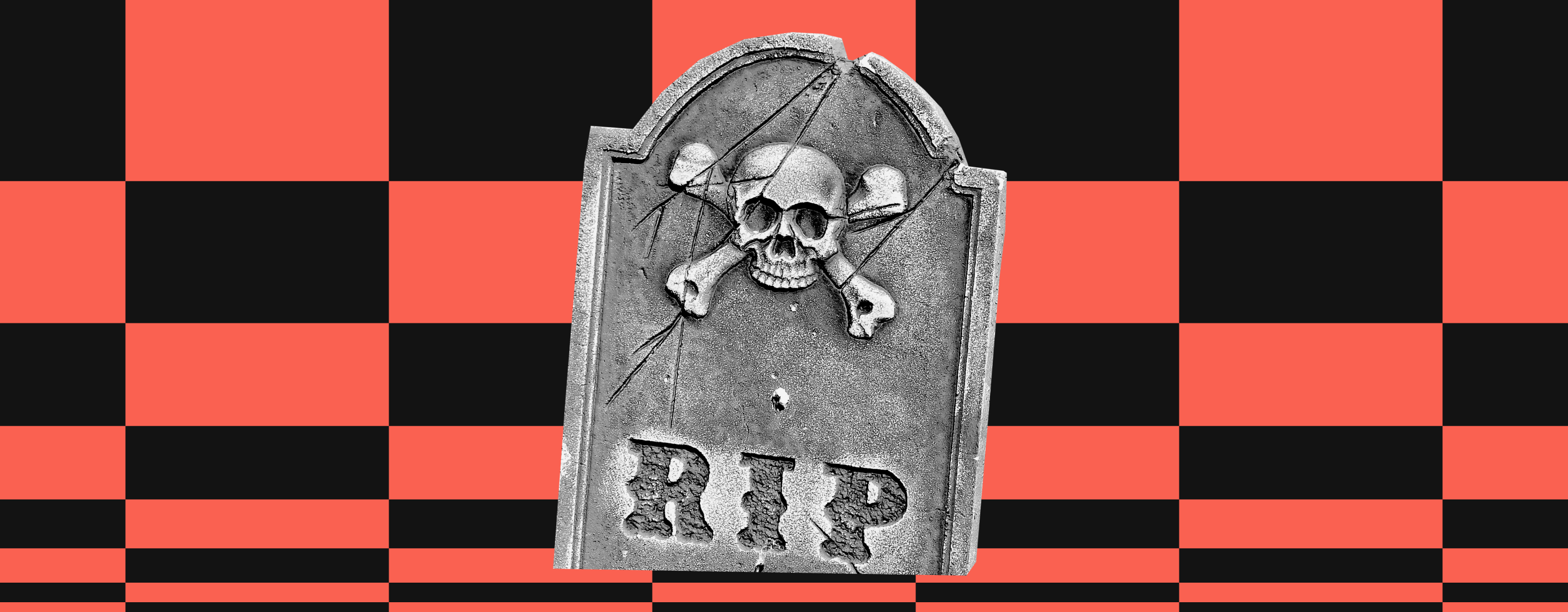 a black and white cut-out image of a tombstone with "R.I.P." written on it and a carving of a skull on a red and black checkered pattern