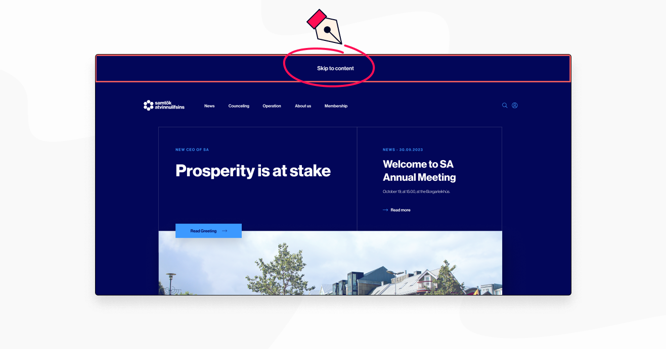 A screenshot of SA.is website displaying the "Skip to content" link circled in red, along with a graphic representation of a pen for emphasis at the top of the page.