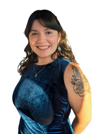 Ms. Benavides smiling staff portrait in blue dress