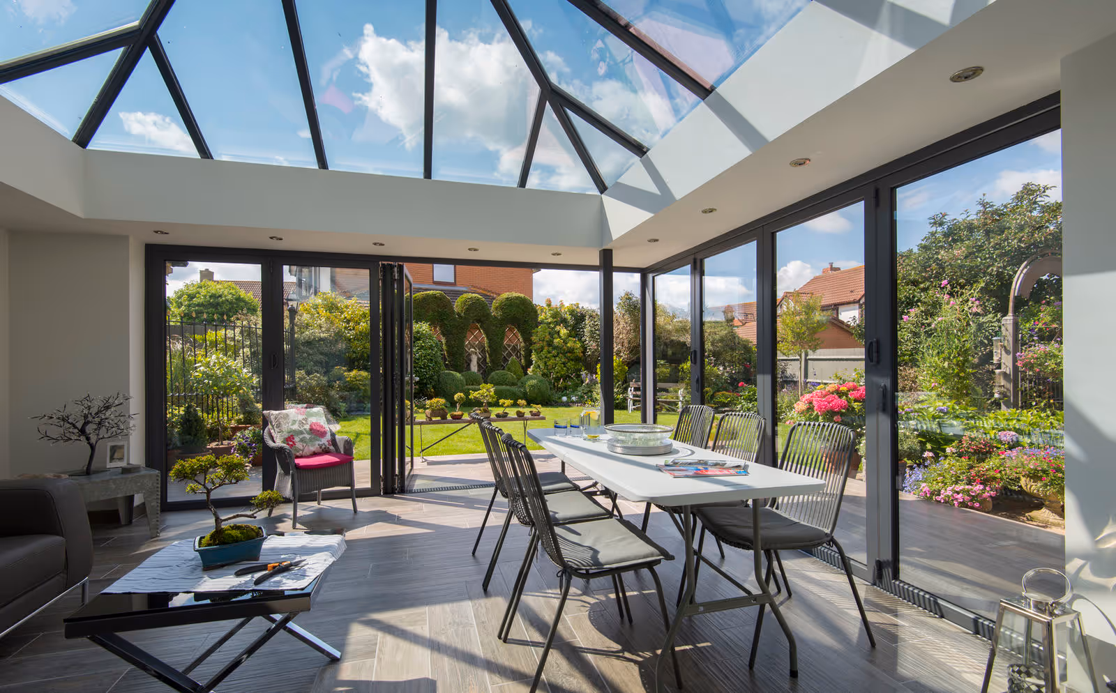 inside modern conservatory with furniture