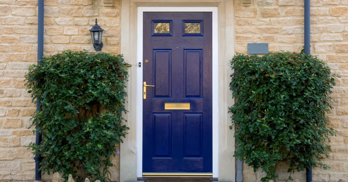 Blue composite front door on a modern house with two green bushes either side