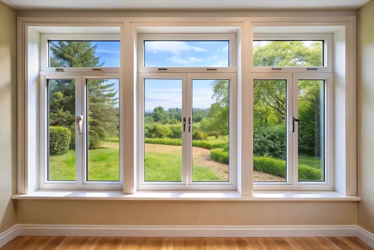 View of the garden from inside a house through double glazed windows on a summers day