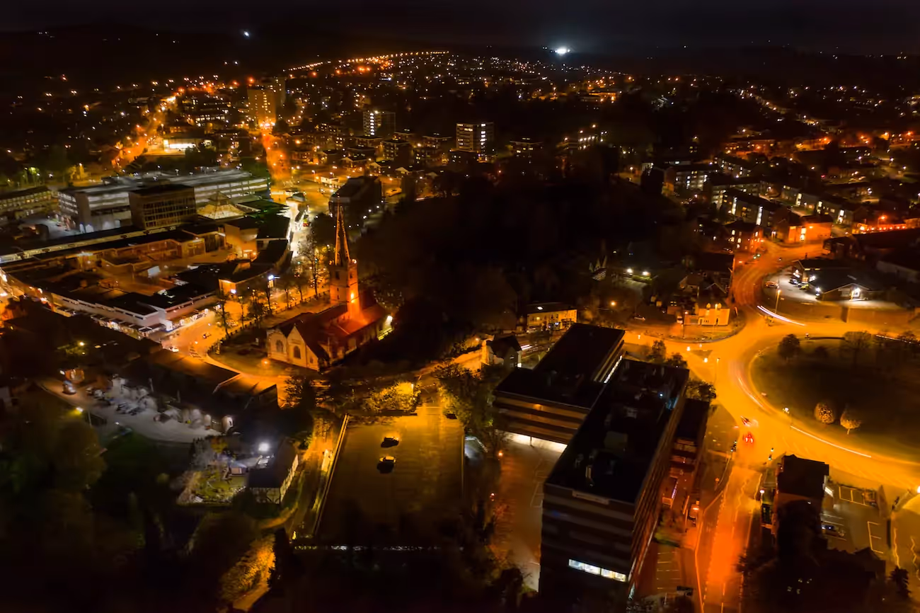 Night time drone shot above Halesowen 