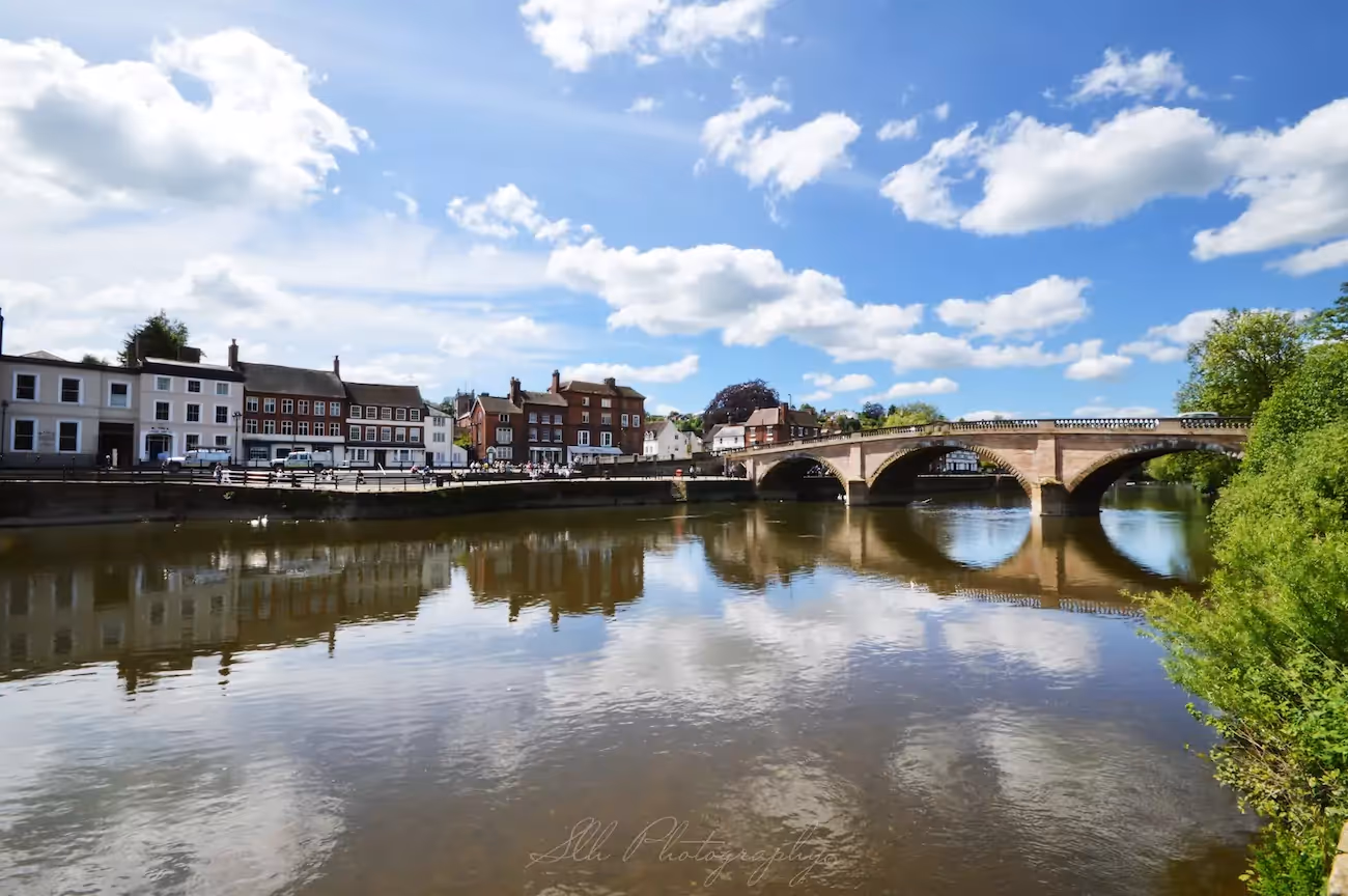 View of Bewdley bridge on a sunny day from the river