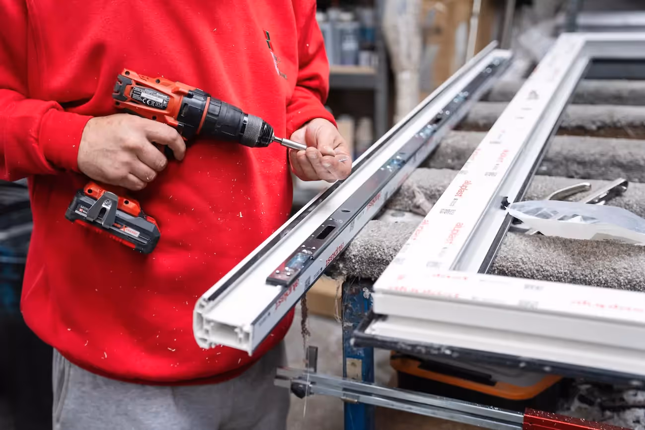 A World of Windows employee assembling a uPVC window frame. 