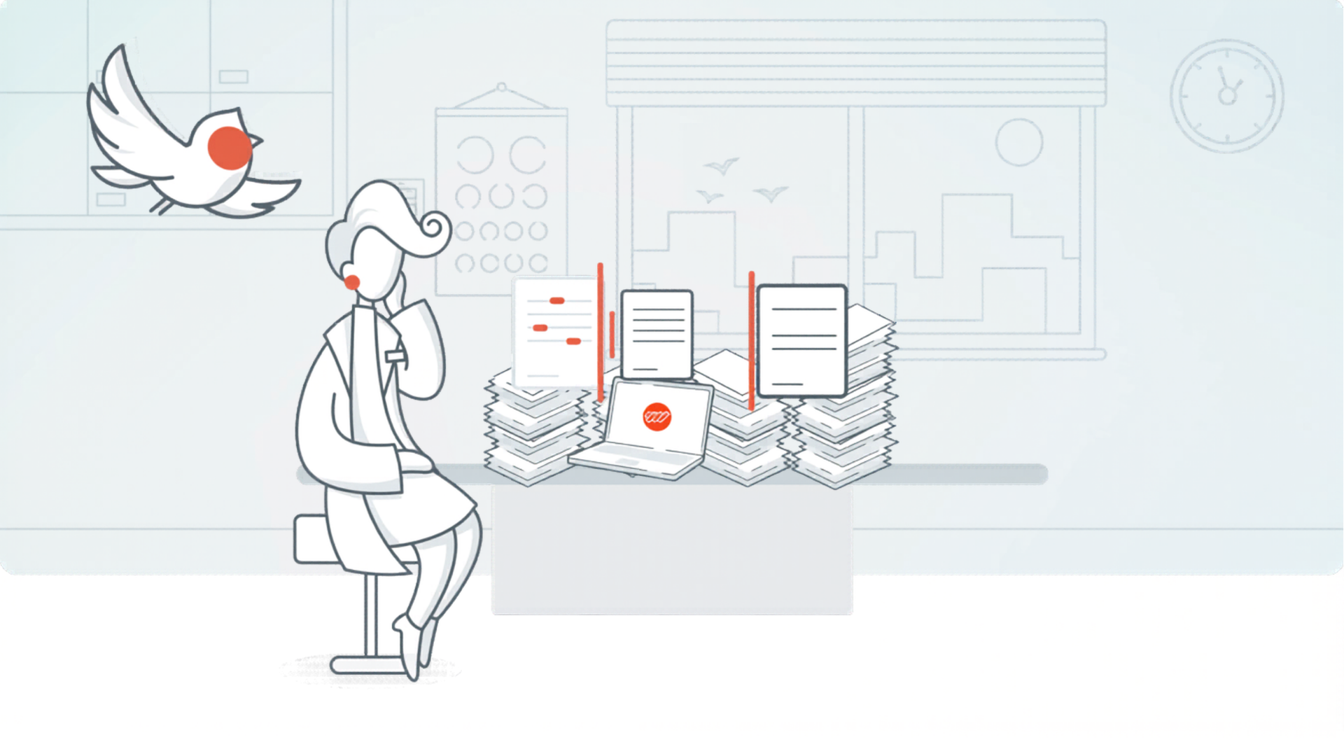 Illustration of person in lab coat sitting beside desk with large stacks of papers and laptop.