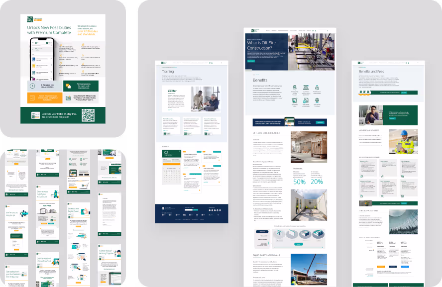 Collection of eight digital screens showcasing user interface designs for a mobile application and web pages. The designs feature a green, blue, white, and grey color scheme, with text content and graphical elements such as charts, icons, and images. These interfaces are part of a corporate service platform,