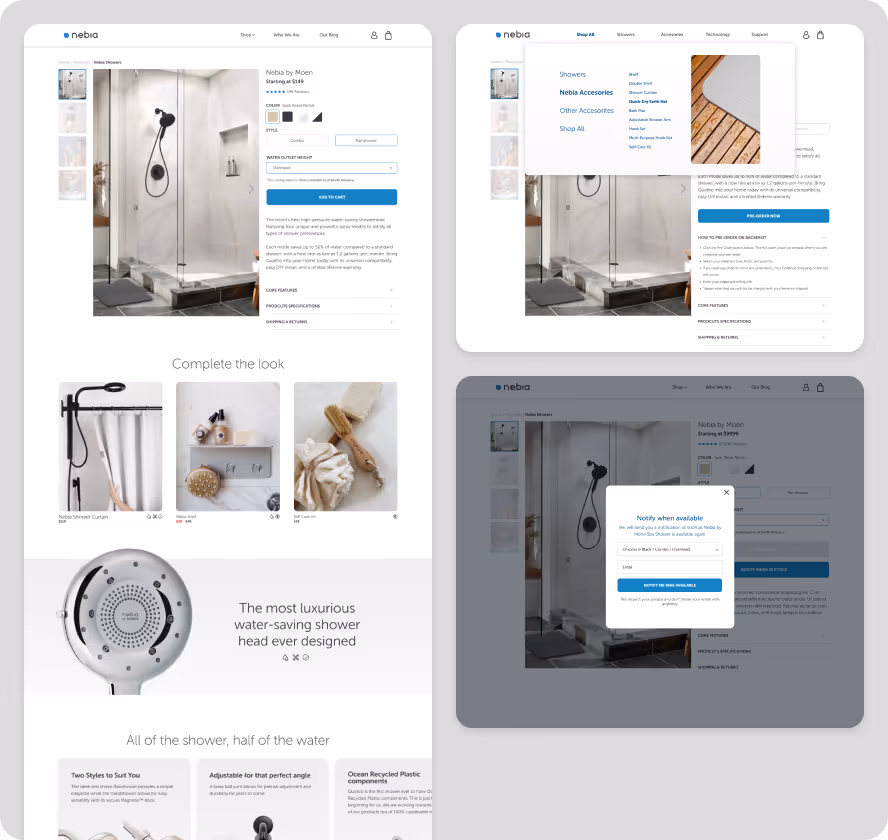 Collage of four screenshots from a website featuring a showerhead product. Includes views of the showerhead installed in a bathroom, detailed product images, complementary accessories, and a pop up.
