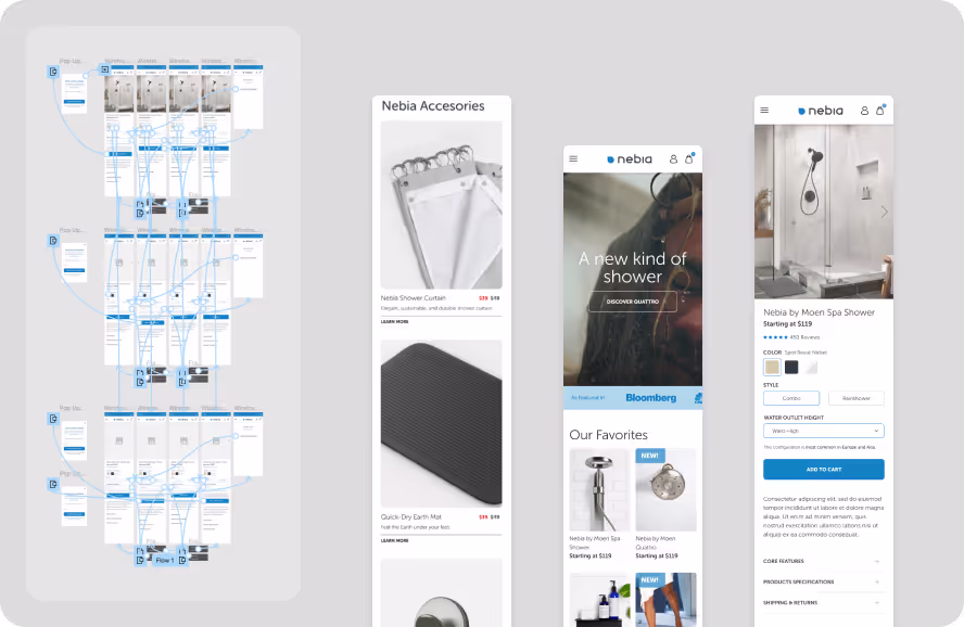 Web design mockups for Nebia shower accessories website with user interface flows and product listings.