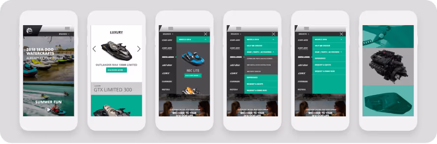 Mobile app interface displaying various features for watercraft vehicles, including model selection, video downloads, menu options, technical details, and graphic design elements.