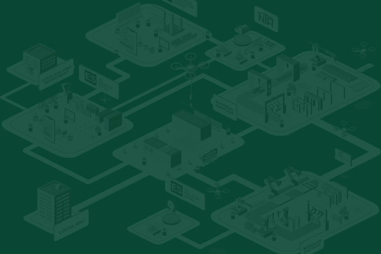 Isometric illustration of network infrastructure with interconnected buildings labeled as ES, NTA, IAS in shades of green and blue, representing ICC Family of Solutions in a technological setup.
