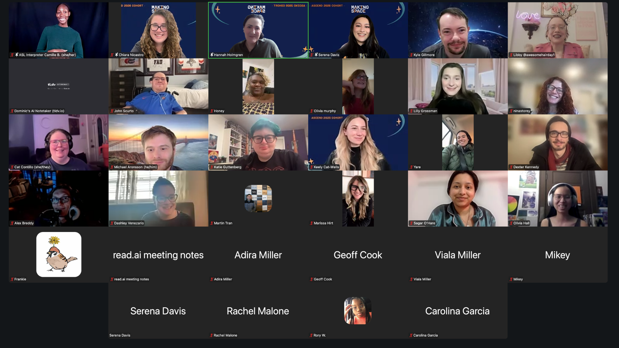 Several faces from the Making Space team and the Ascend Fellowship smiling during a Zoom webinar for participants.