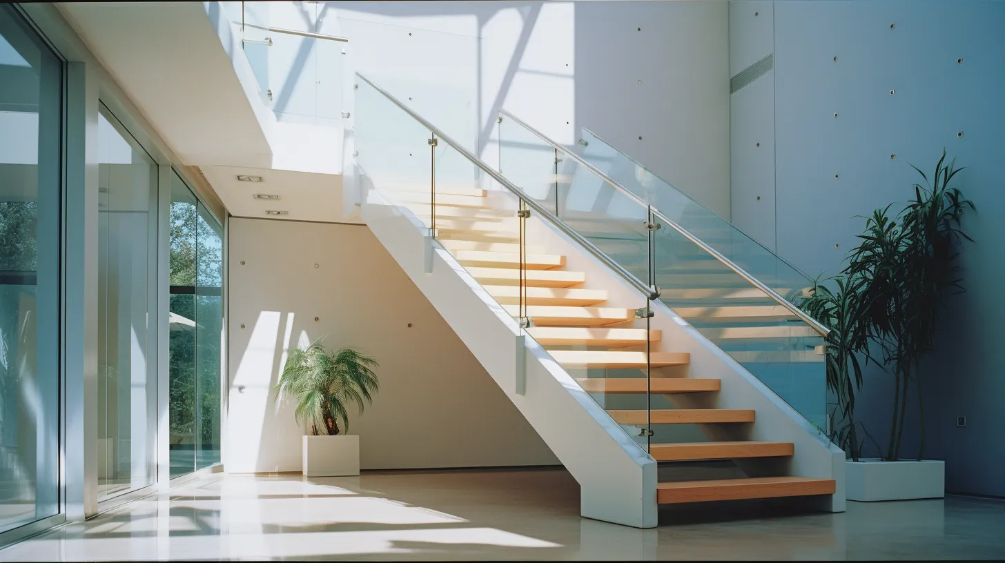 modern white stairway with wooden stairs.