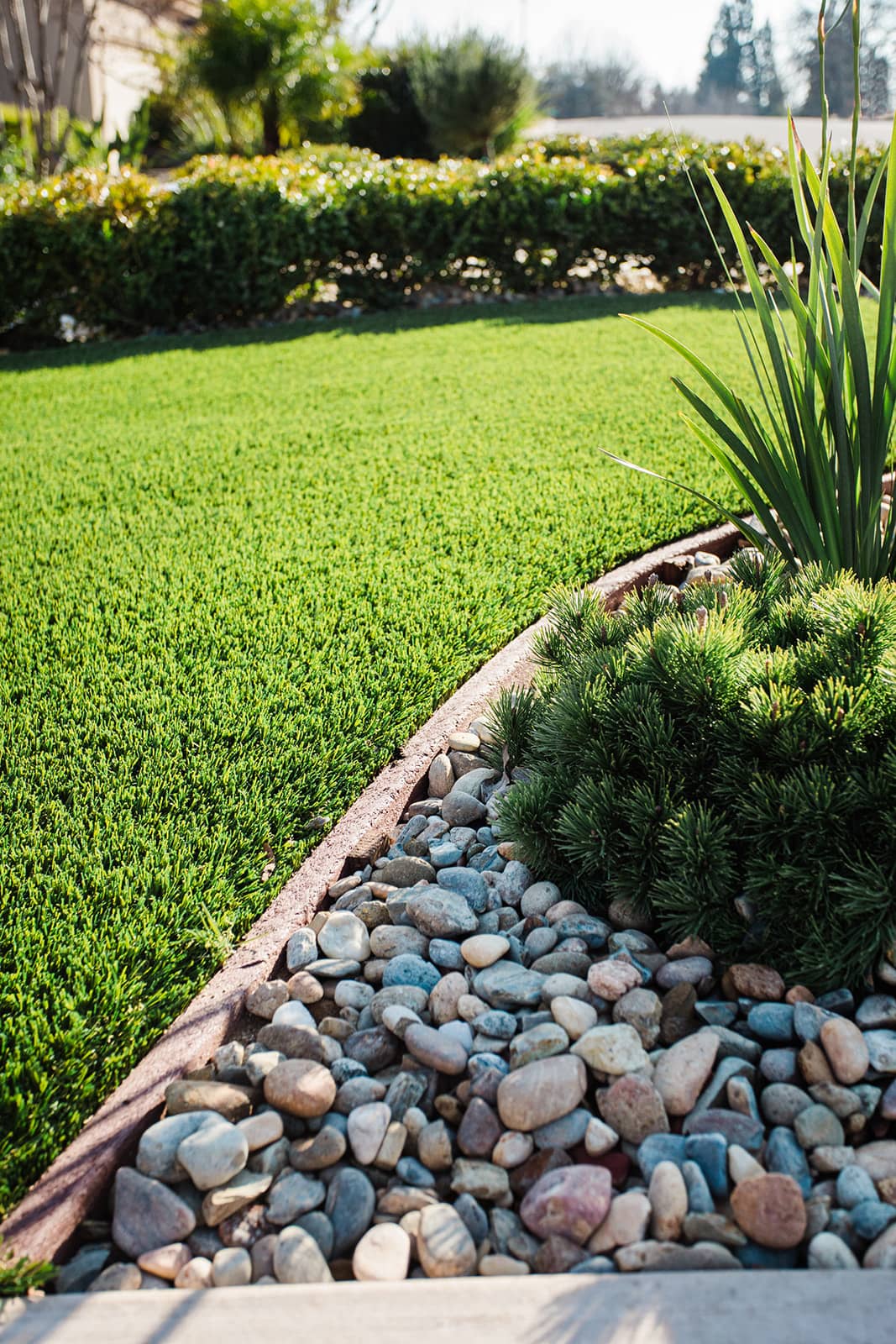 Artificial turf installation with river rock border Sacramento Total Turf