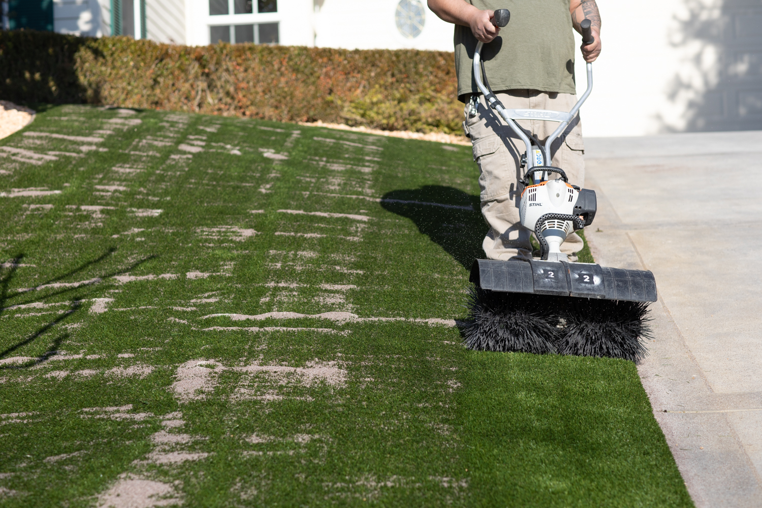 Finished Sacramento artificial turf lawn with the blades brushed fully upright