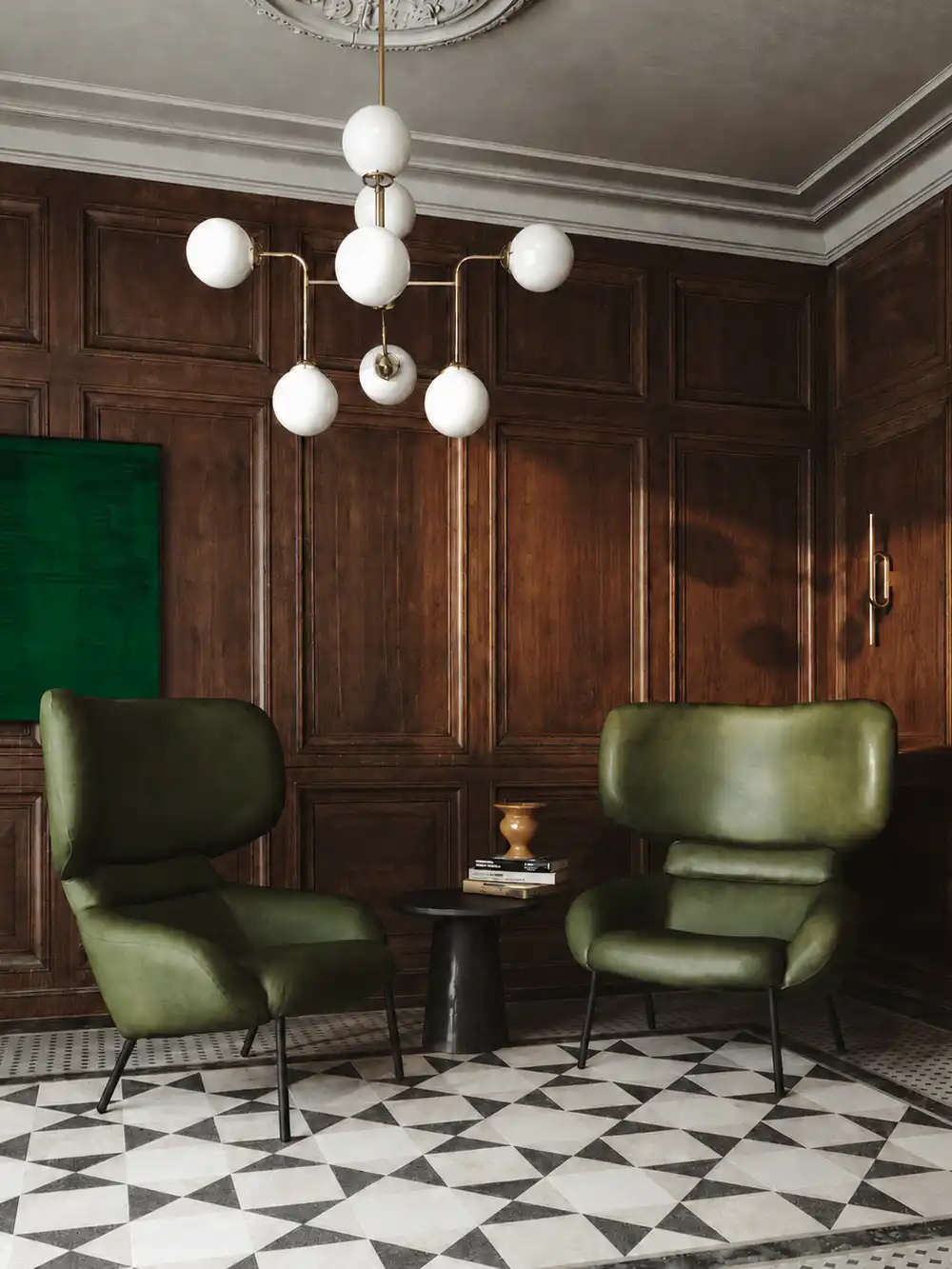 Apparel modern armchairs with beige fabric and brown leather seats on a beige rug against a concrete wall.