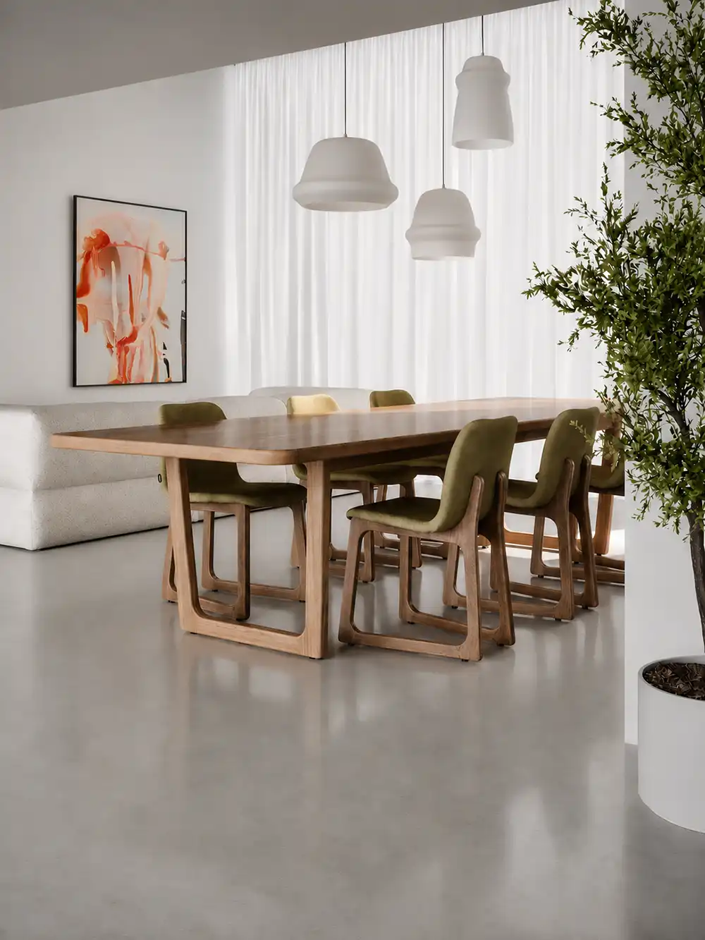 Two tiller slim black modern chairs with chrome legs beside a light wood table with a geometric leg