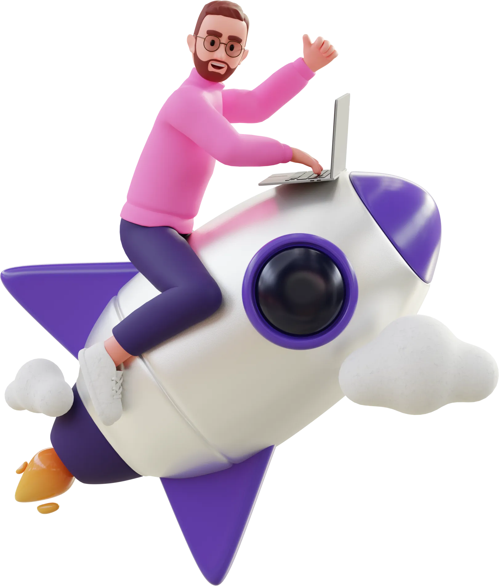 Cartoon man with glasses and beard, wearing a pink sweater and purple pants, sitting on a white and purple rocket while using a laptop and giving a thumbs up.