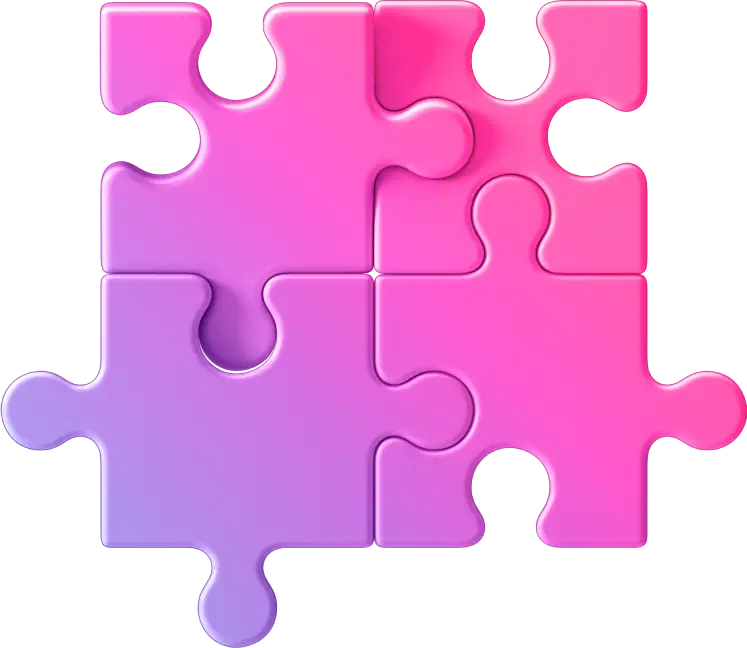 Four connected jigsaw puzzle pieces in shades of pink and purple.